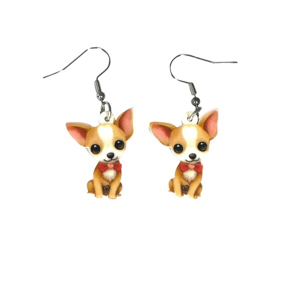 Cute Cartoon Chihuahua Dog Earrings. Acrylic Double-Sided Print Earrings - Picture 4 of 5